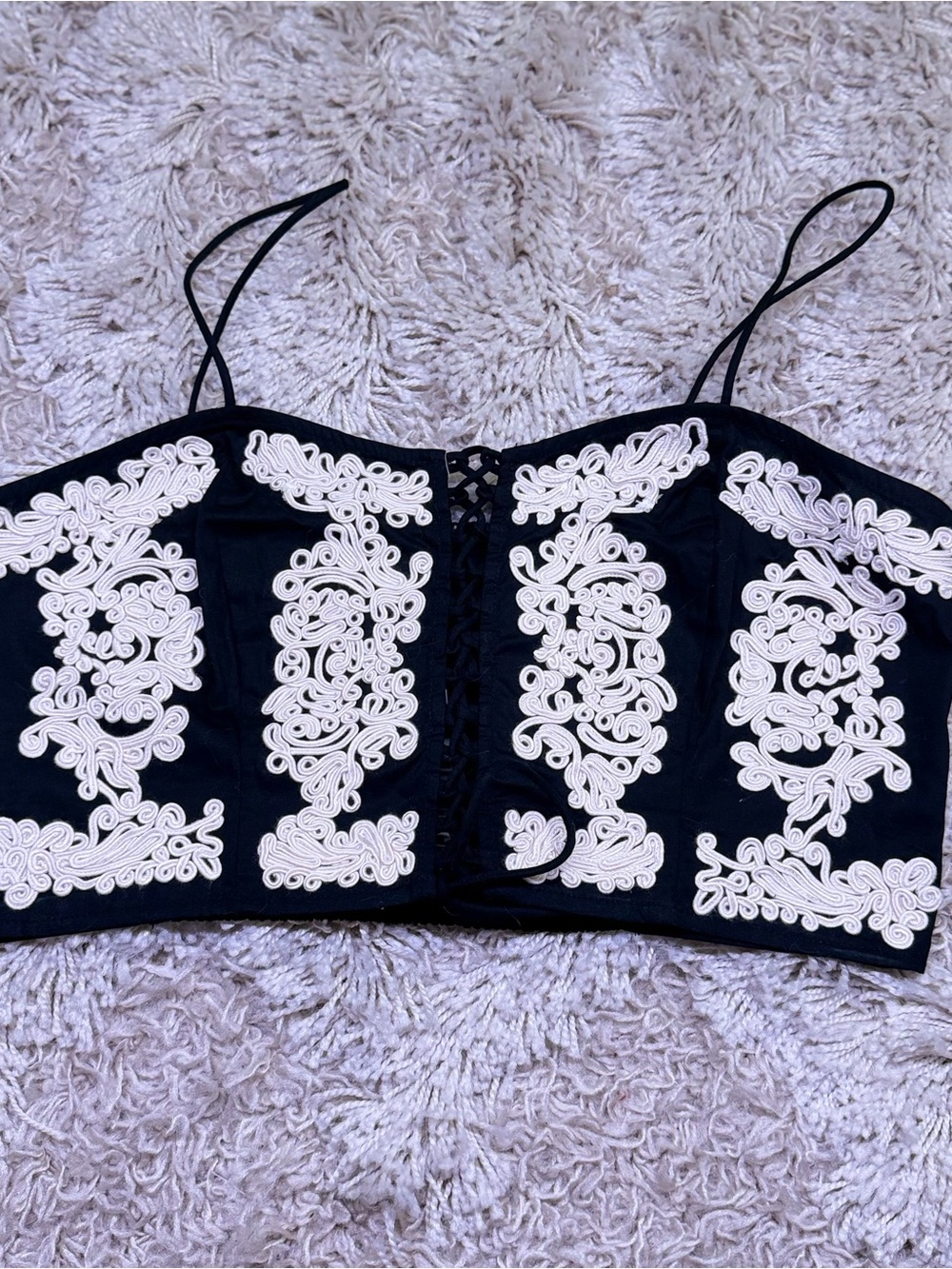 H&M Black Cropped Bustier Camisole with White Appliqué